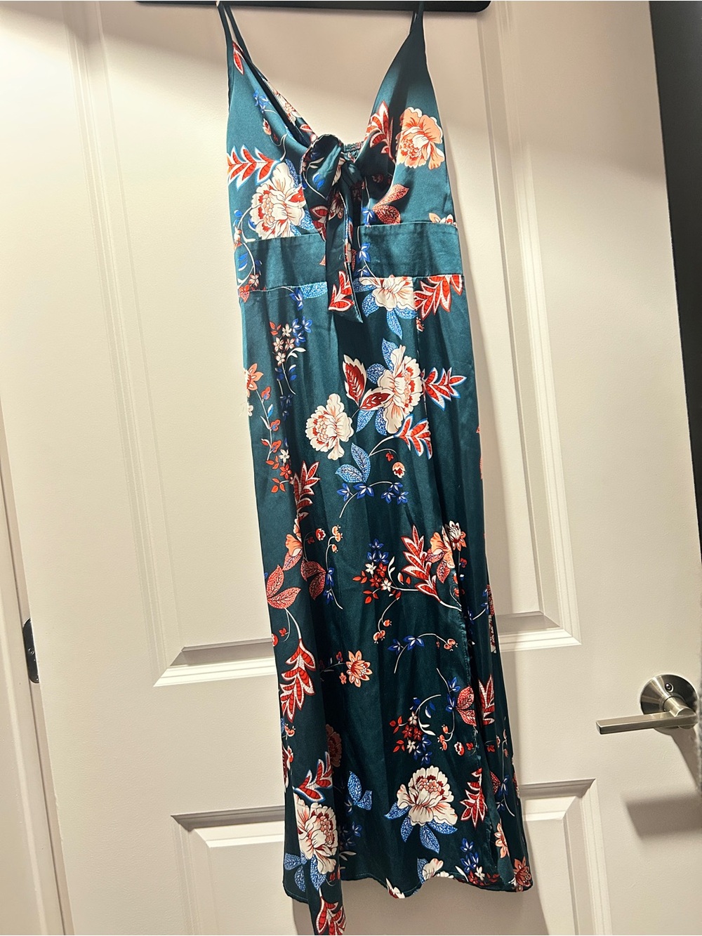 Teal Floral Satin Maxi Dress with Front Tie & Slit